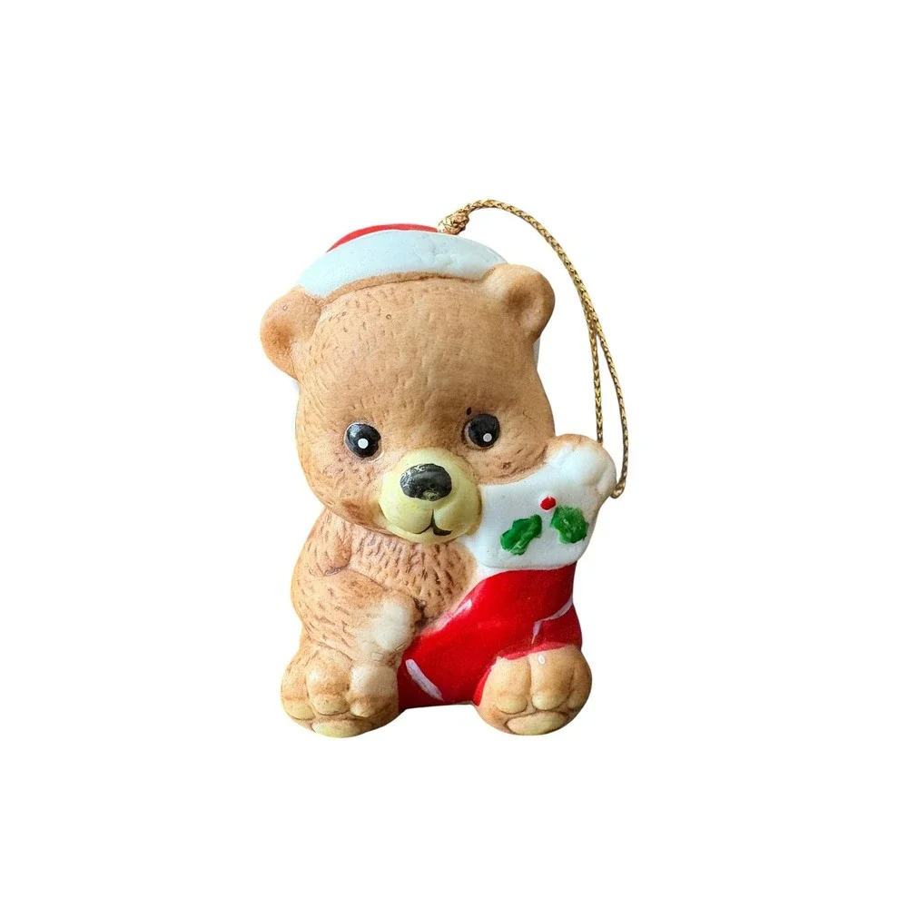 Vintage J.S.N.Y. Taiwan Teddy Bear Christmas Ornament Santa Hat Stocking Bell 3